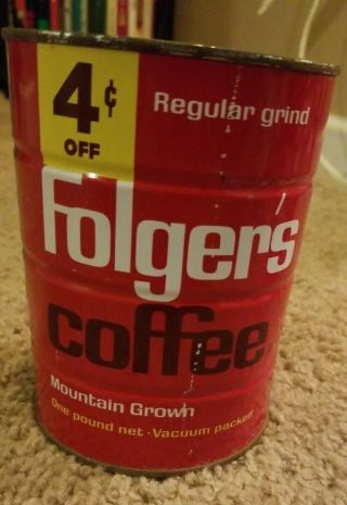 Vintage FOLGERS COFFEE Can,  Regular Grind - Empty 1 - Lb Tin 2