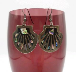 Black Paua Abalone Seashell Dangle Earrings Asian Vintage