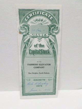 Vintage Farmers Elevator Company Stock Certificate Ree Heights Sd 1946 No 184