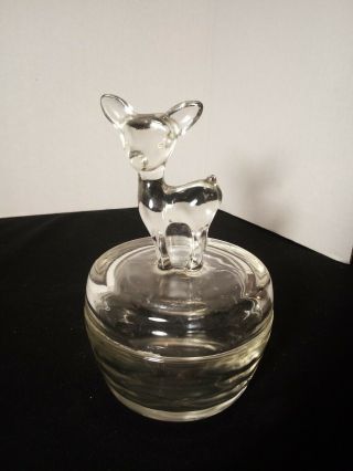 Vintage Clear Glass Deer Fawn Powder Trinket Jar Covered Candy Dish