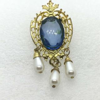 Vintage Blue Lucite Cabochon Faux Pearl Dangles Brooch Pin Costume Jewlery