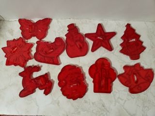 8 Vintage Christmas Hrm Plastic Red Cookie Cutter Santa Bell Snowman Deer Usa
