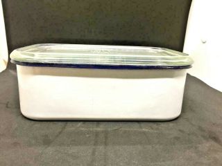 White/blue Beco Ware Enamel Refrigerator Dish & Glass Lid Vintage Ename Dish 8 "