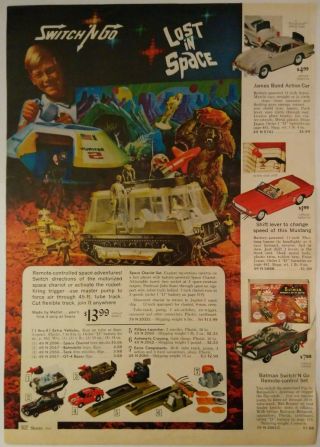 1966 Vintage Paper Print Ad Lost In Space James Bond Batman Motorific Cars Track