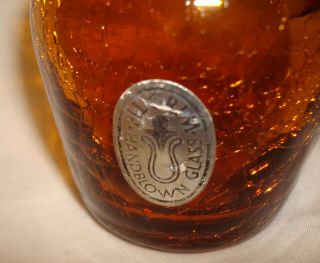 Vintage Pilgrim Hand Blown Amber Glass Crystal Handle Mini Crackle 4 ½” Pitcher 2