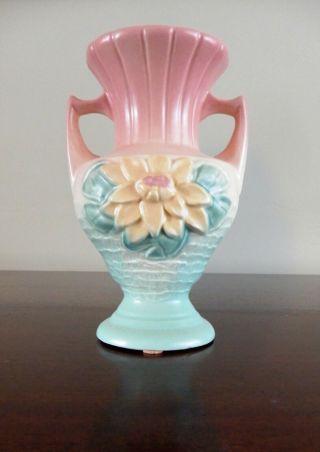 Vintage Hull Art Pottery Vase,  Double Handle,  6 1/2 " Water Lily,  Pink & Blue