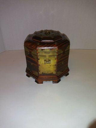 Vintage Oriental Trinket Jewelry Box Brass Carved Wood Chest