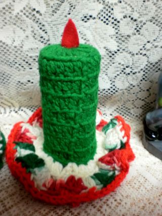 Vintage Retro Handmade Knit Crochet Christmas Green Candle With Flame 4  T
