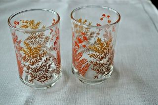 2 Vintage Libbey Clear Juice Glasses Orange Yellow Gold Brown Fern Floral Leaf