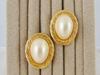 Vintage Trifari Faux Pearl Clip Earrings Signed Gold Tone Roped Frame