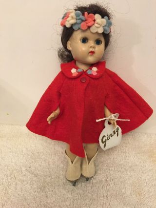 Vintage Vogue Ginny Doll In Red Felt Cape Tagged Headband Purse Straight Leg Wkr
