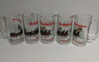 5 Budweiser Glass Mug Clydesdale Horses Wagon Beer 1989 12 Oz Vtg Anheuser