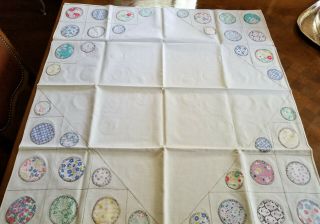 Vintage Appliqued Cotton Tablecloth W/ Colorful Circles