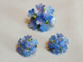 Vintage Pretty Cara Fine Bone China Staffordshire Blue Floral Brooch & Earrings