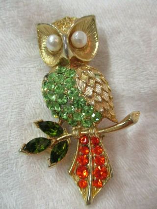 Vintage Gold Tone Brooch Pin Owl With Faux Pearls & Rhinestones