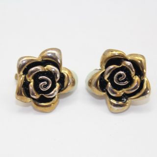 Vintage Gold And Silver Toned Black Enamel Rose Clip Earrings