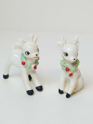 Vintage Miniature Bone China Spaghetti Christmas Reindeer Figurines Set 2 Cute