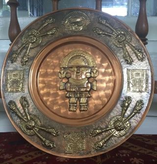 Vintage Copper Plate Hand Hammered And Embossed Solid Copper Plate Mayan Figure