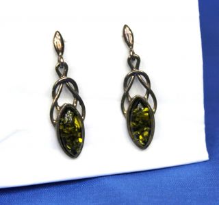 Vintage Sterling Silver And Green Amber Dangle Earring Celtic Style