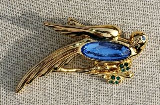 Vintage Monet Signed Blue Glass Jelly Belly & Rhinestone Bird Brooch Gold Tone