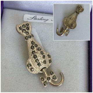 Vintage Jewellery 925 Silver Marcasite Cat With Articulated Tail Brooch Pin