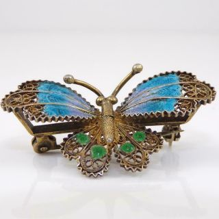 Vintage 800 Silver Gold Vermeil Filigree Blue Enamel Butterfly Brooch Lfc3