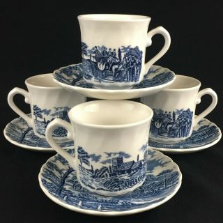 Set Of 4 Vtg Cups And Saucers Churchill Royal Mail Blue Wessex Coach England