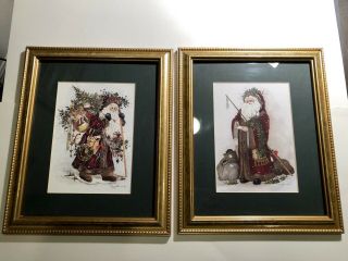 Vintage Peggy Abrams Framed And Matted Santa Prints Pair 9 1/2” X 11 1/2” Xmas