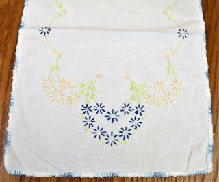 Vintage Embroidered Table Runner Blue Flowers 38 " Crochet Trim Dresser Scarf