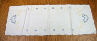 Vintage Embroidered Table Runner blue flowers 38 