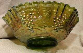 Vintage Green Carnival Glass 10 " Bowl Grape Pattern Inside & Outside Excel Cond.