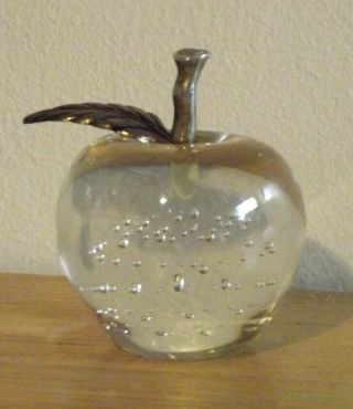 Vintage Hand Blown Clear Bubbled Glass Apple Brass Leaf Paperweight