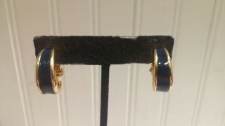 Vintage Navy Blue Enameled Goldtone Metal Oval Hoop Clip - On Earrings