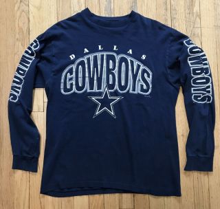 Vintage 90s Dallas Cowboys Jersey T Shirt 1996 Blue Silver Size Xl Long Sleeve