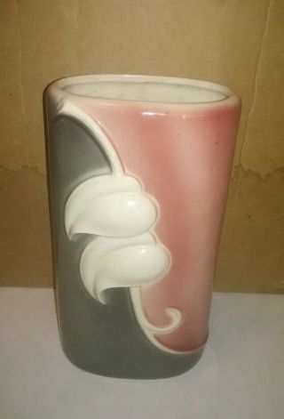Vintage Royal Copley Raised Leaf Art Deco Pottery Vase Pink Grey Retro Mcm