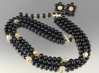 Vintage Multi 3 Strand Black Crystal Glass & Plastic Bead Necklace & Earring Set