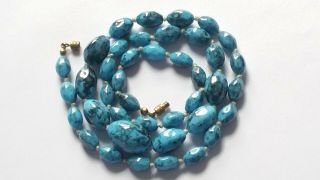 Czech Vintage Art Deco Hand Knotted Aqua Graduated Oval Glass Bead Necklace