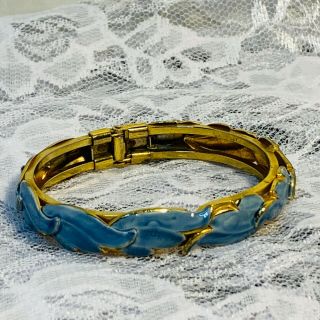 Vintage Sandor Clamper Bracelet Enamel Blue Leaf Design Gold Tone Metal
