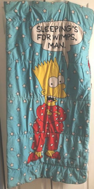 Vintage 90s Simpsons Sleeping Bag Bart Simpson " Sleeping’s For Wimps Man " 58x30