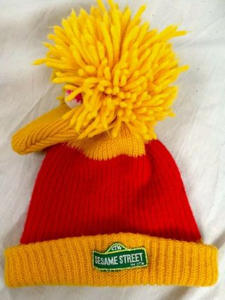 Vintage Sesame Street Big Bird Knit Stocking Cap Red And Yellow Beanie Hat