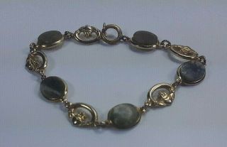 Vintage Ireland Moss Agate And Claddagh Heart In Hands Link Bracelet