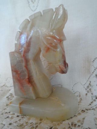 Vintage Hand - Carved Italian Alabaster Marbled Art Deco Horse Head Bookend Statue