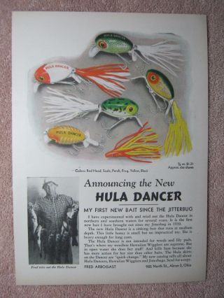Vintage 1946 Fred Arbogast Hula Dancer Fishing Lures Frog Perch Scale Print Ad