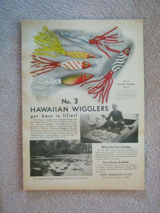 Vintage 1948 Fred Arbogast No.  3 Hawaiian Wiggler Bass Fishing Lures Print Ad