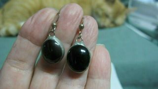 Vintage Sterling Silver Pierced Earrings W/ Black Stone Dangles