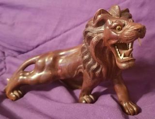 Vntg Hand Carved Wood Lion W/bovine Bone Teeth And Glass Eyes Needs Tail Repair