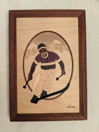 Vintage Hudson River Inlay Wood Marquetry Picture " Skier” By Jeffrey Nelson