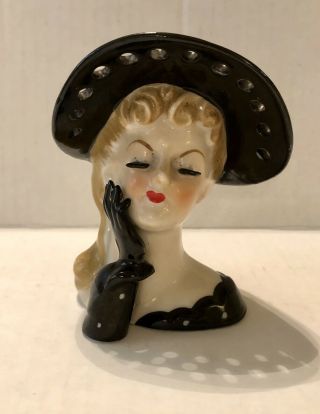 Vintage Napco Ceramic Lady Head Vase S673a 4” Tall Black Polka Dots 1950’s