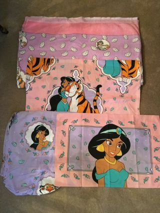 Disney’s Vtg Aladdin 3 - Pc Twin Sheet Set And Blanket Shows Jasmine & Rajah