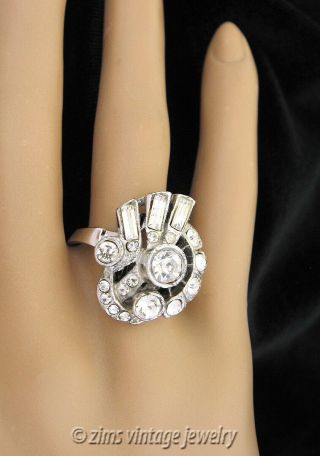 Vintage 1950’s Art Deco Revival Silver Baguette Rhinestone Swirl Cocktail Ring